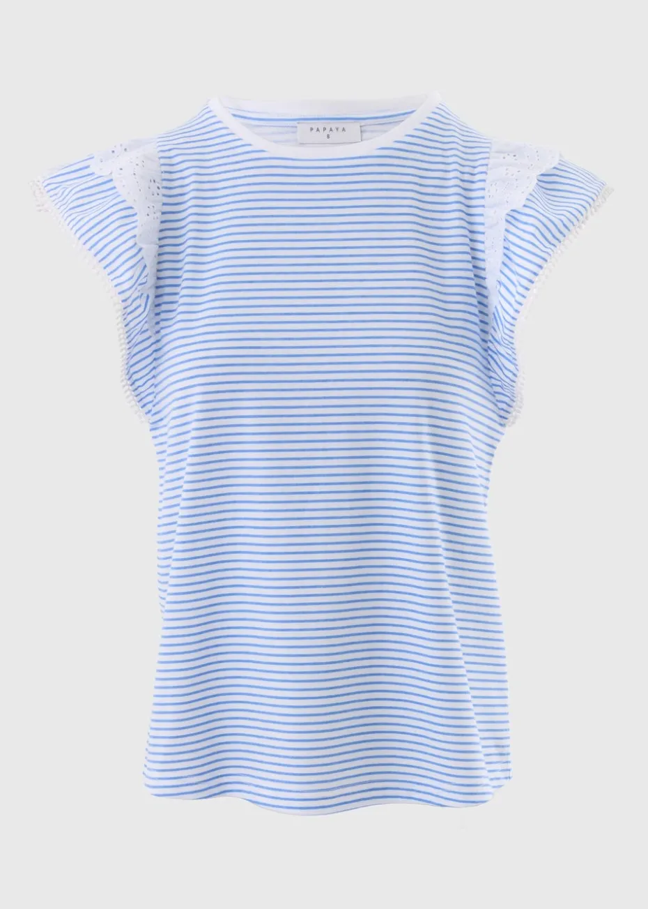 Blue Stripe Broderie Frill Sleeve T-Shirt
