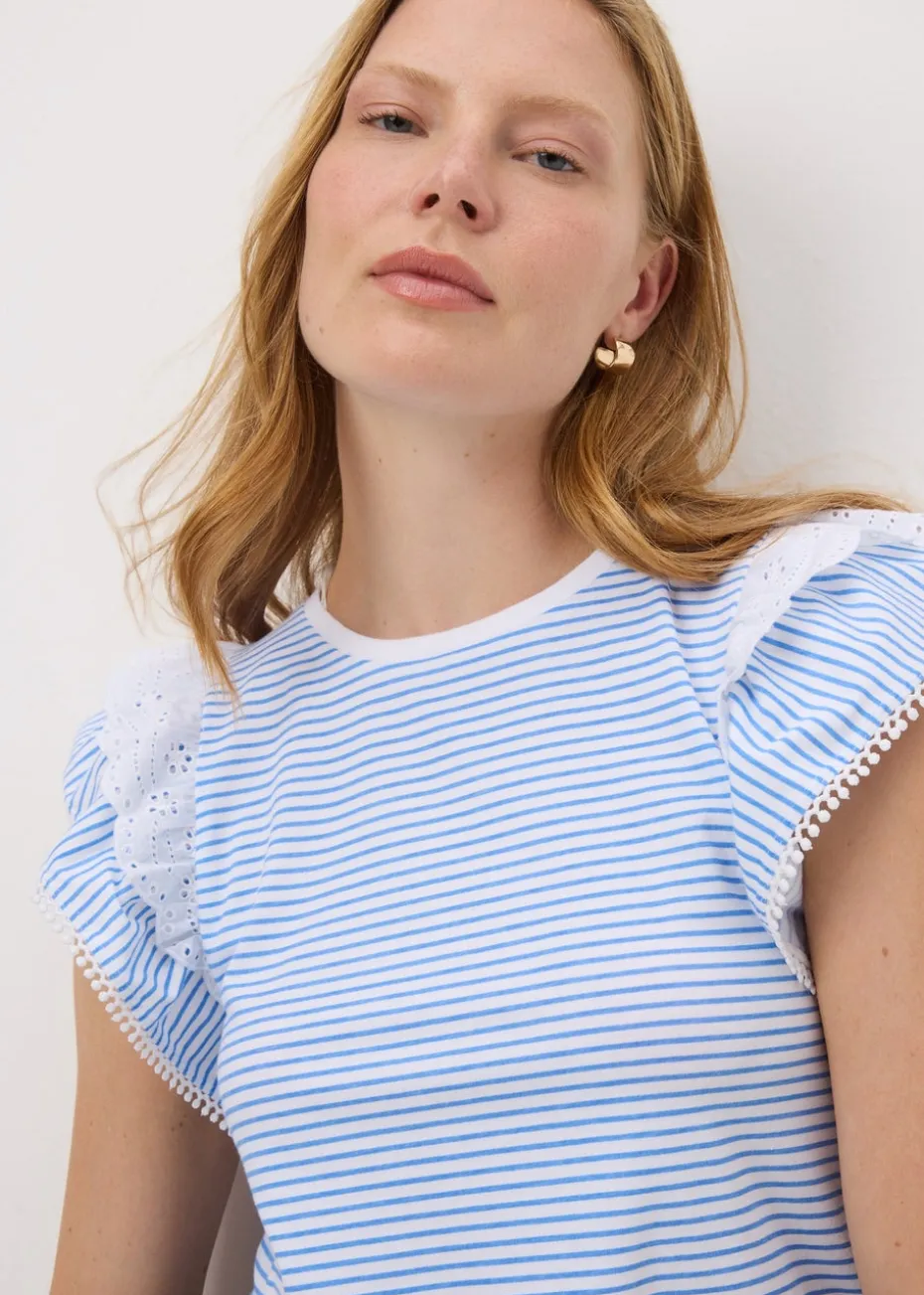 Blue Stripe Broderie Frill Sleeve T-Shirt