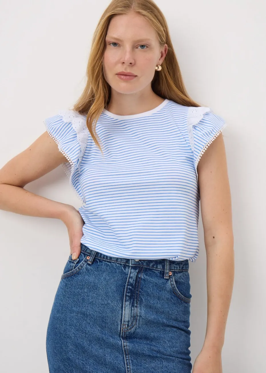 Blue Stripe Broderie Frill Sleeve T-Shirt