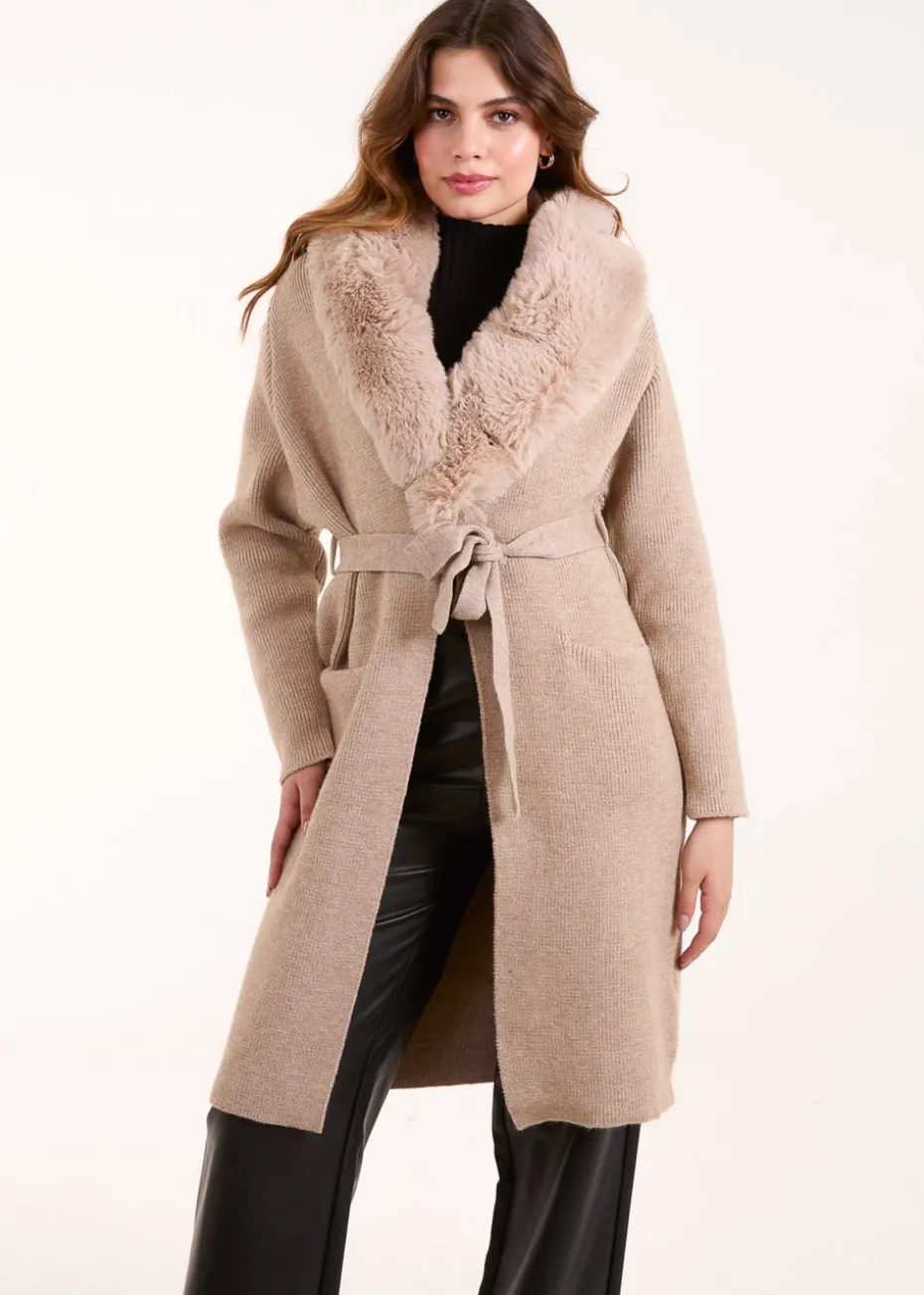 Blue Vanilla Beige Faux Fur Collar Two Pocket Cardigan