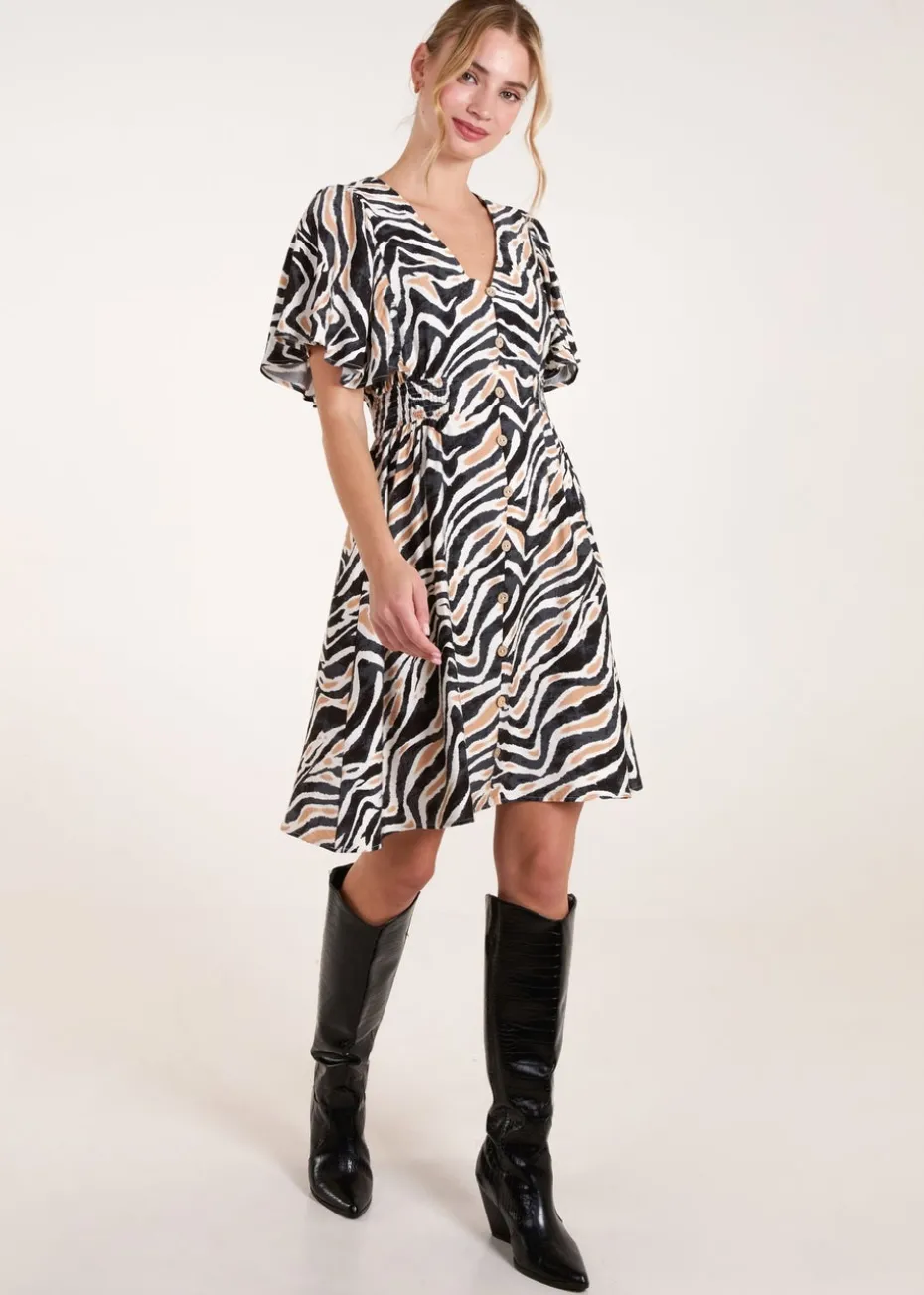 Blue Vanilla Black Button Front Shirred Waist Mini Dress