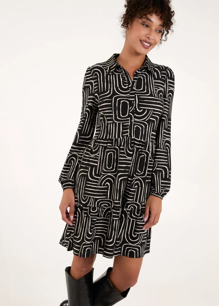 Blue Vanilla Black Button Front Smock Shirt Dress
