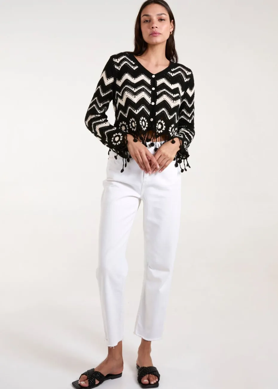 Blue Vanilla Black Crochet Zig Zag Tassel Detailed Button Front Cardigan