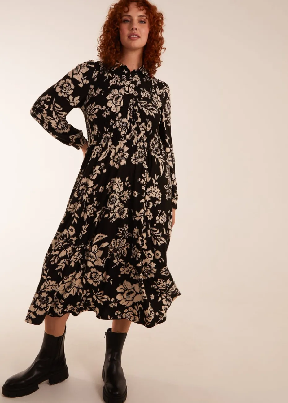 Blue Vanilla Black Curve Shirred Bust Long Sleeve Midi Shirred Dress