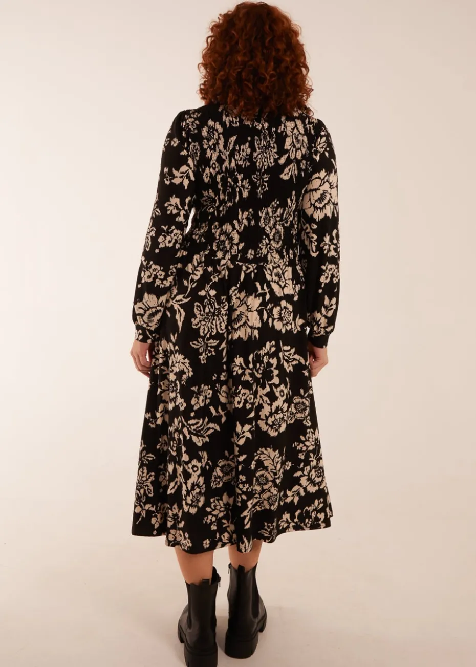 Blue Vanilla Black Curve Shirred Bust Long Sleeve Midi Shirred Dress