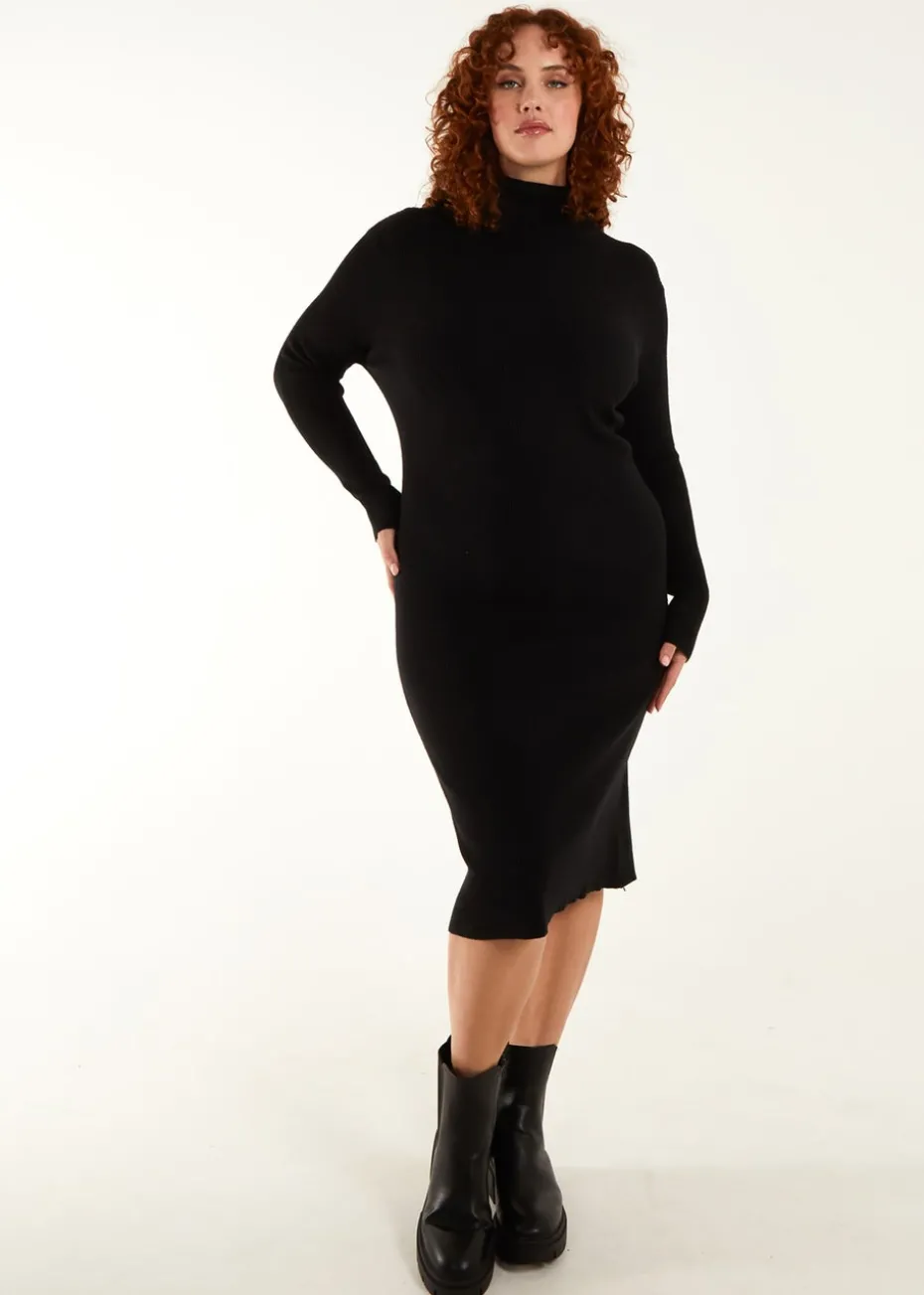 Blue Vanilla Black Curve Ribbed Roll Neck Midi Dress
