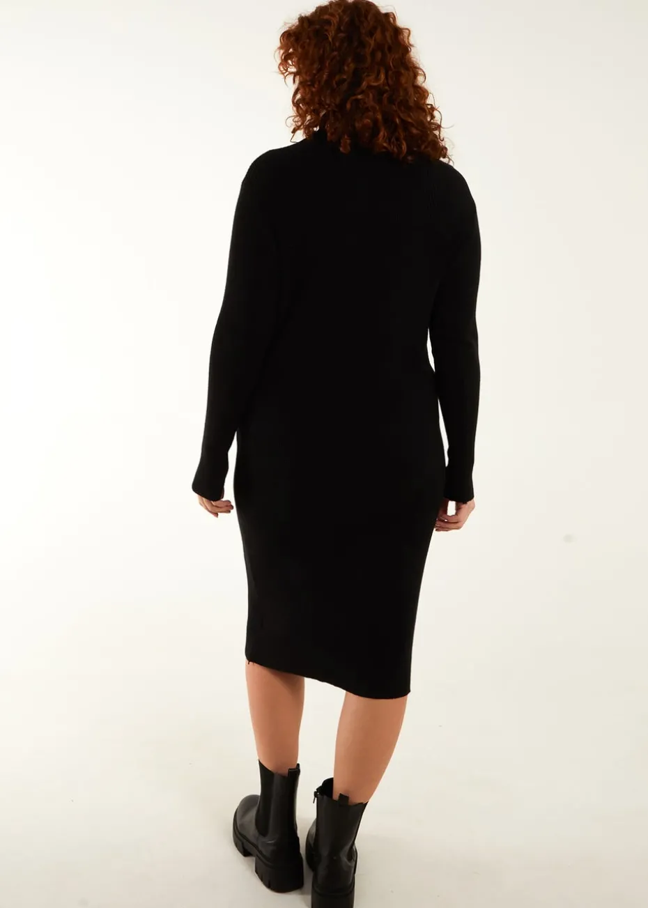 Blue Vanilla Black Curve Ribbed Roll Neck Midi Dress