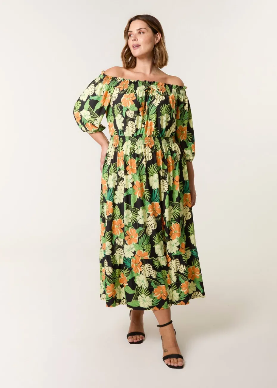 Blue Vanilla Black Curve Bardot Elasticated Midi Dress