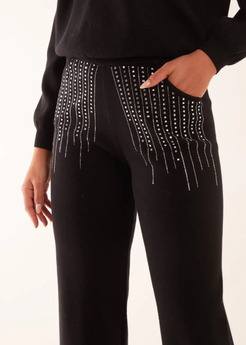 Blue Vanilla Black Diamante Knitted Flared Trousers