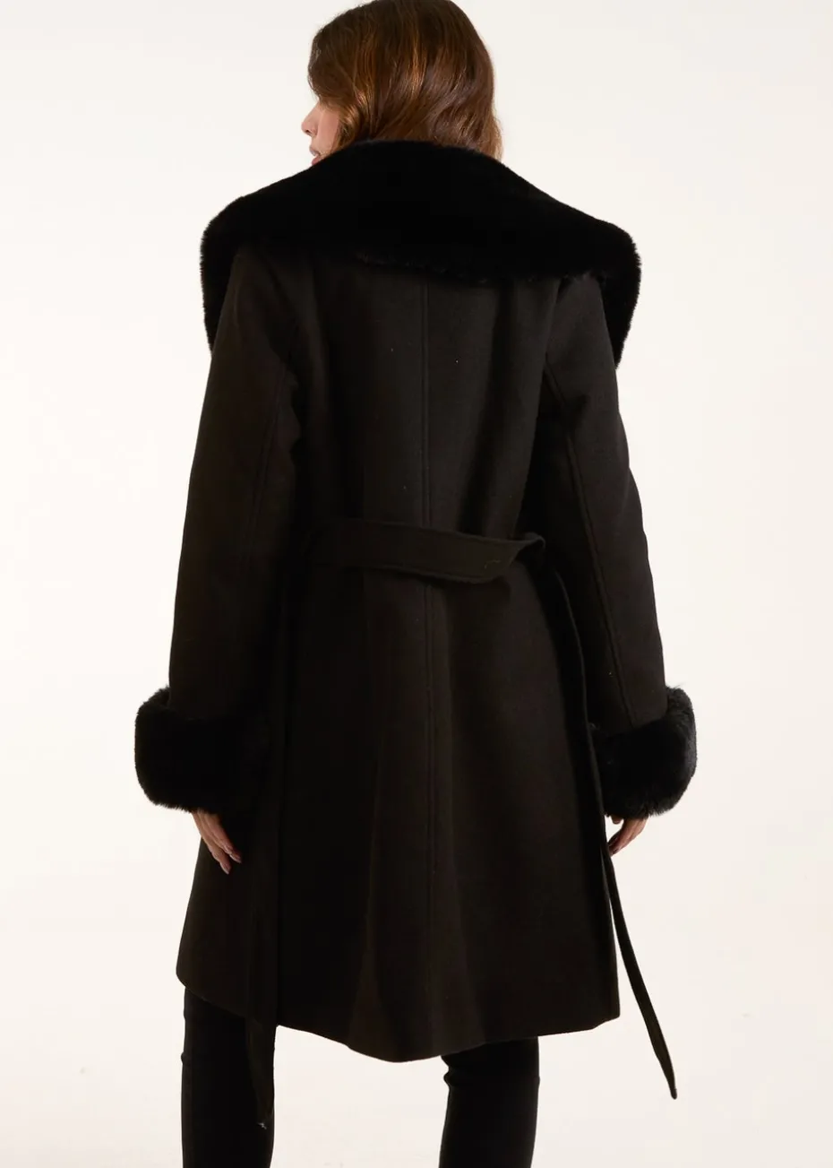 Blue Vanilla Black Faux Fur Belted Coat