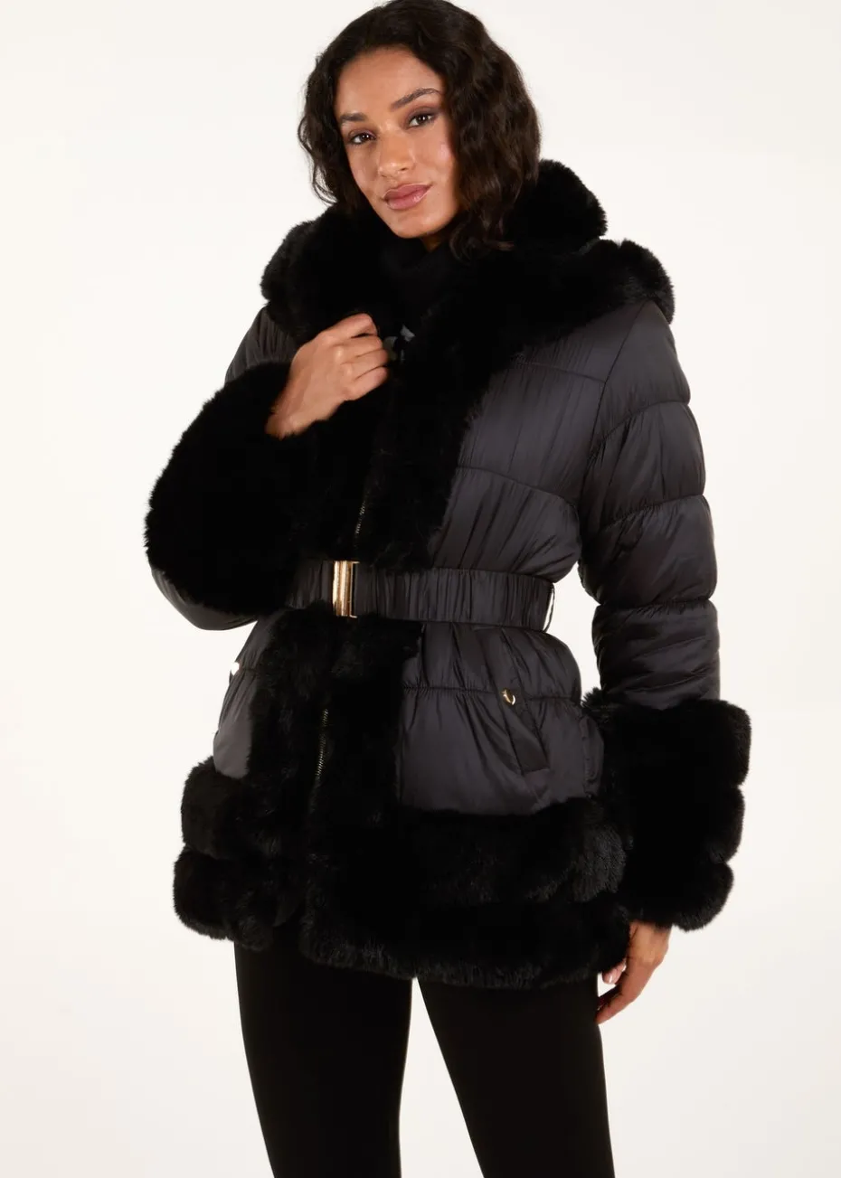 Blue Vanilla Black Fur Trim Belted Puffer Coat