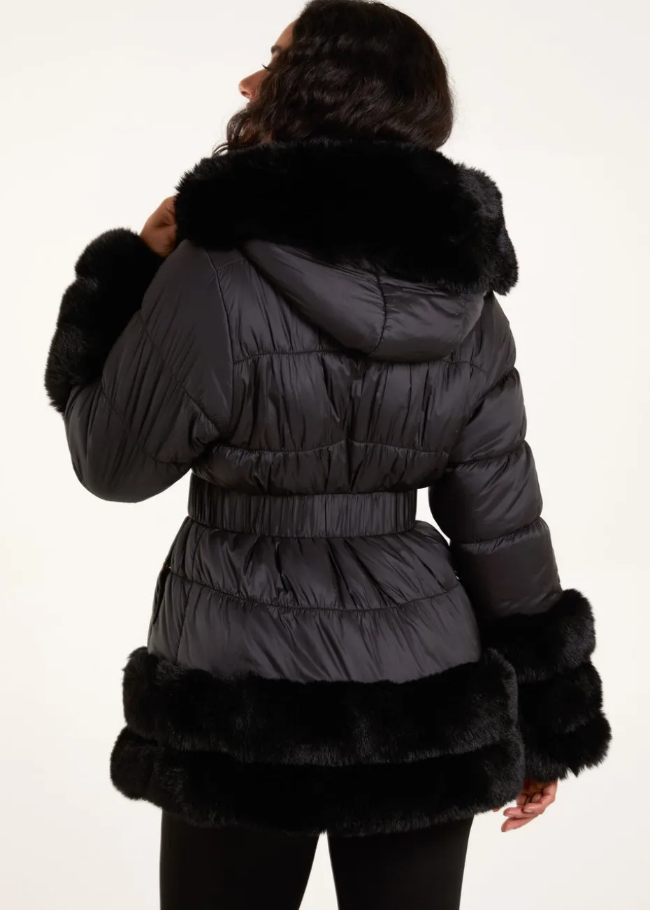 Blue Vanilla Black Fur Trim Belted Puffer Coat
