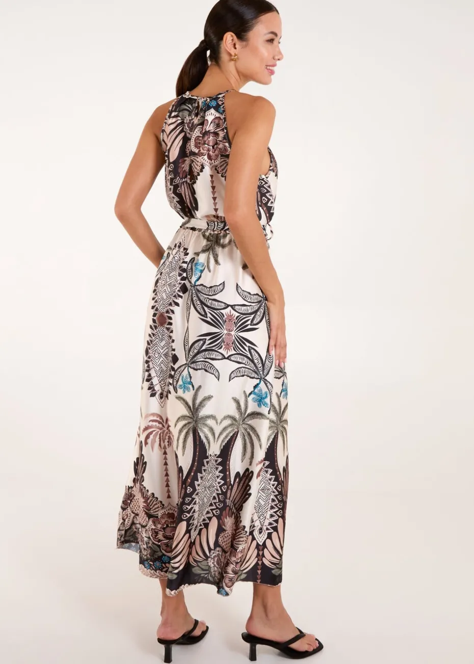 Blue Vanilla Black Halter Neck Satin Belted Midi Dress