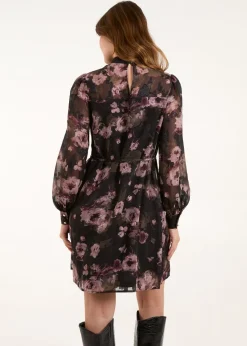 Blue Vanilla Black High Neck Floral Jacquard Dress With Tie Waist