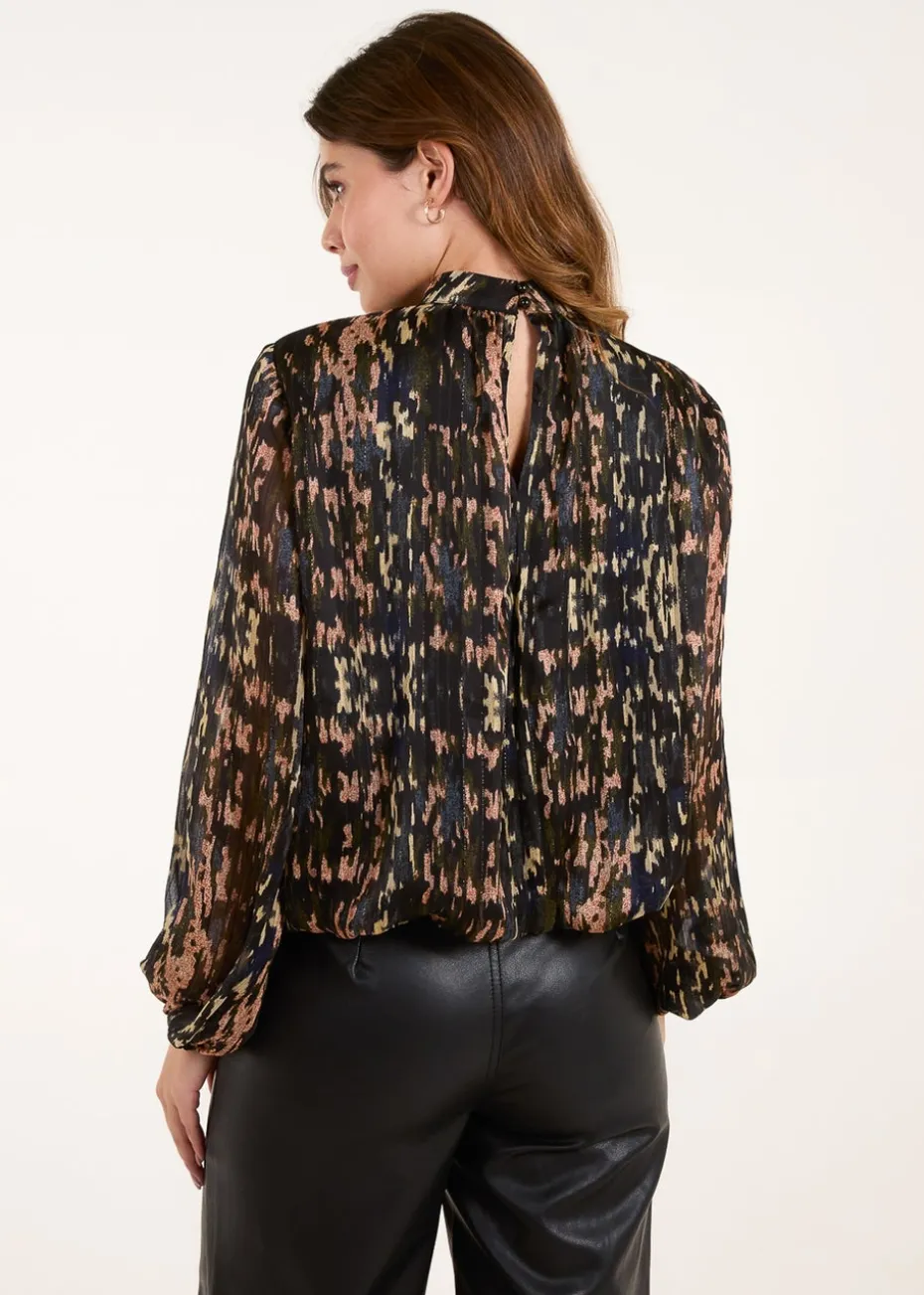 Blue Vanilla Black High Neck Abstract Cuff Sleeve Blouse