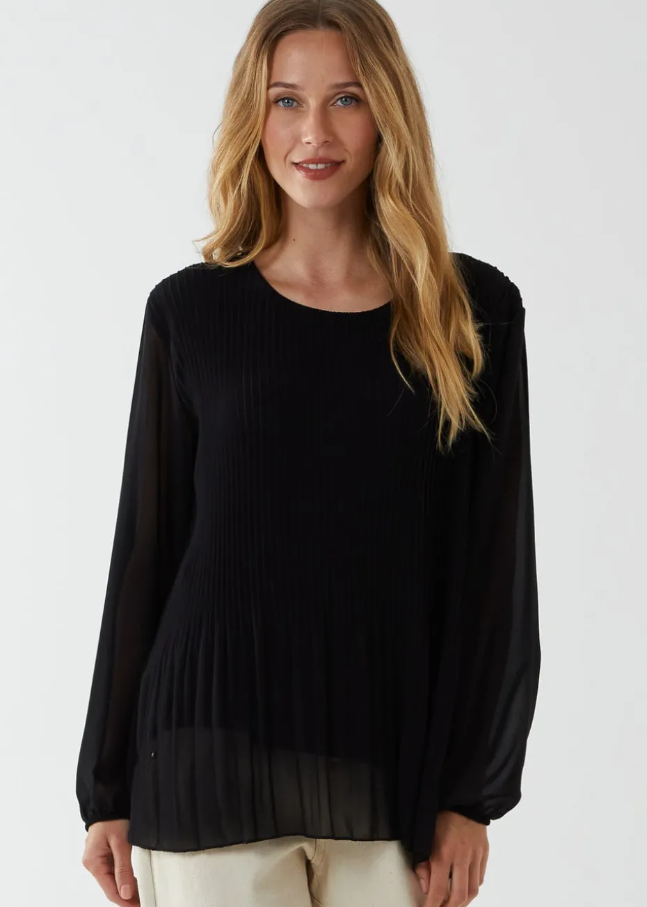 Blue Vanilla Black Long Sleeve Pleated Top