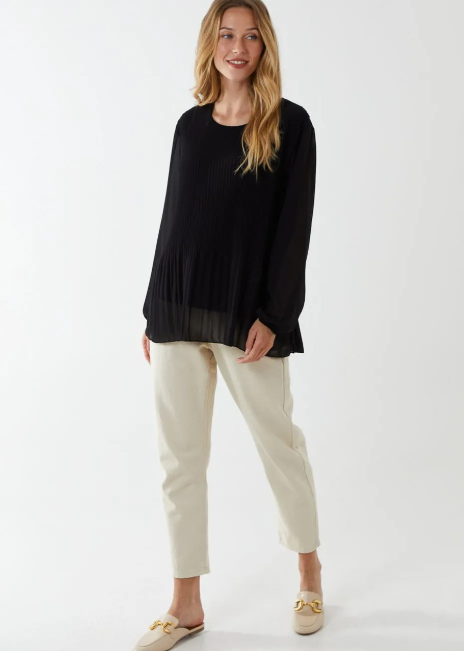 Blue Vanilla Black Long Sleeve Pleated Top
