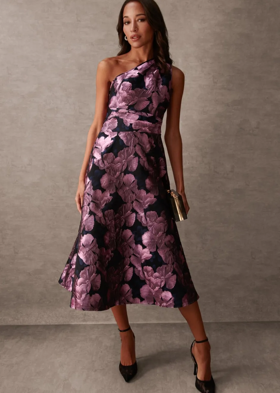 Blue Vanilla Black Luxe One Shoulder Jacquard Midi Dress