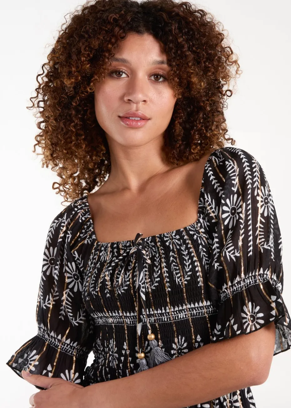 Blue Vanilla Black Milkmaid Shirred Square Neck Midi Dress