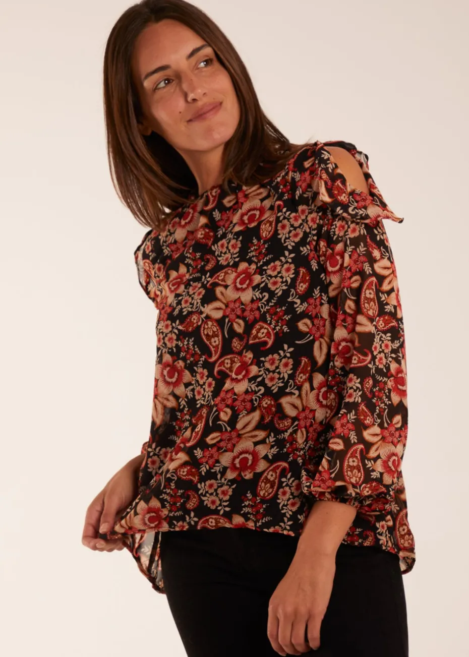 Blue Vanilla Black Pattern Cold Shoulder Frill Blouse