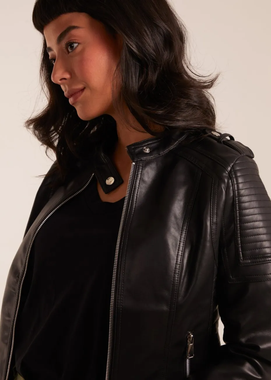 Blue Vanilla Black PU Leather Zip Through Biker Jacket