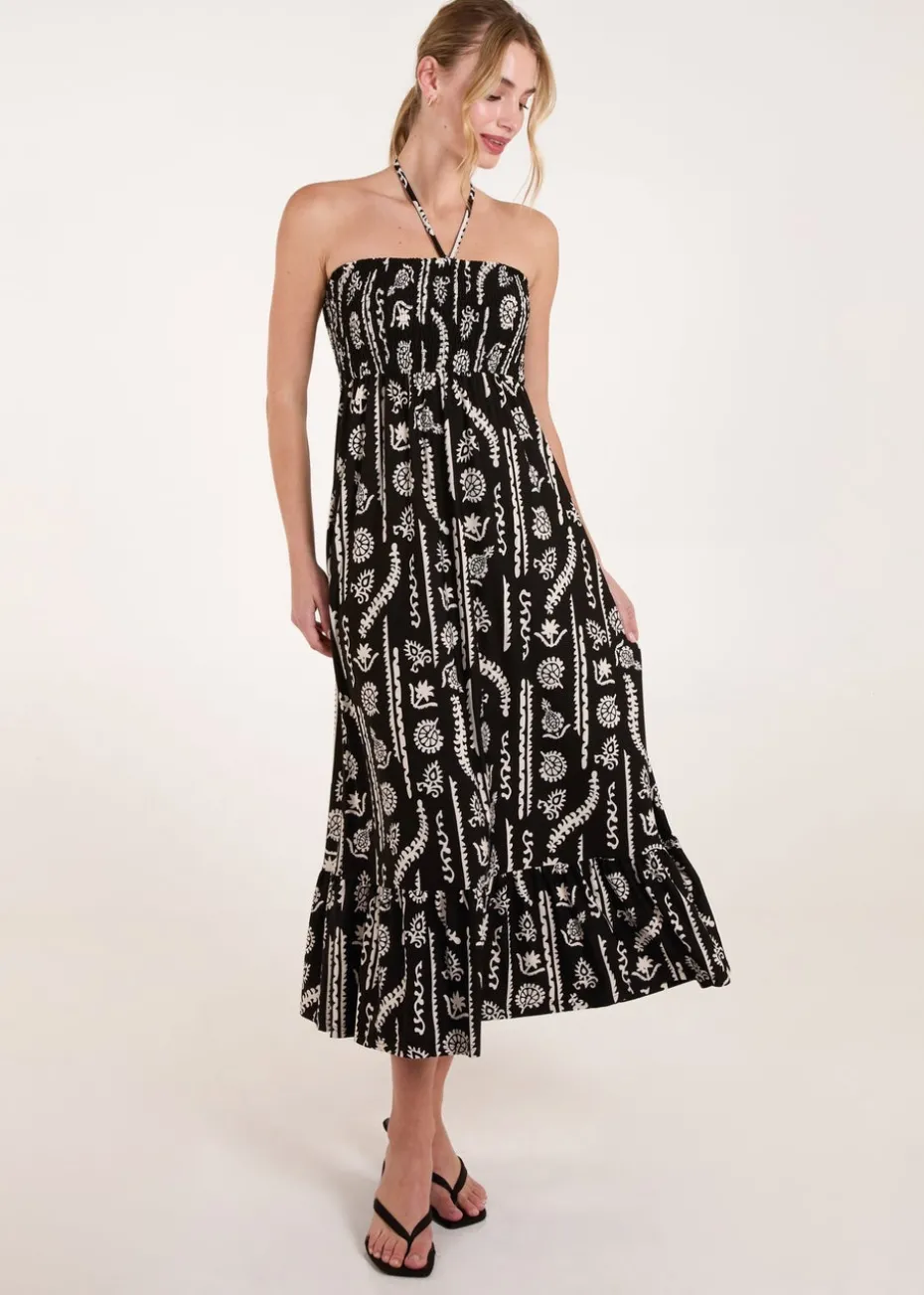 Blue Vanilla Black Shirred Bandeau Tie Neck Dress