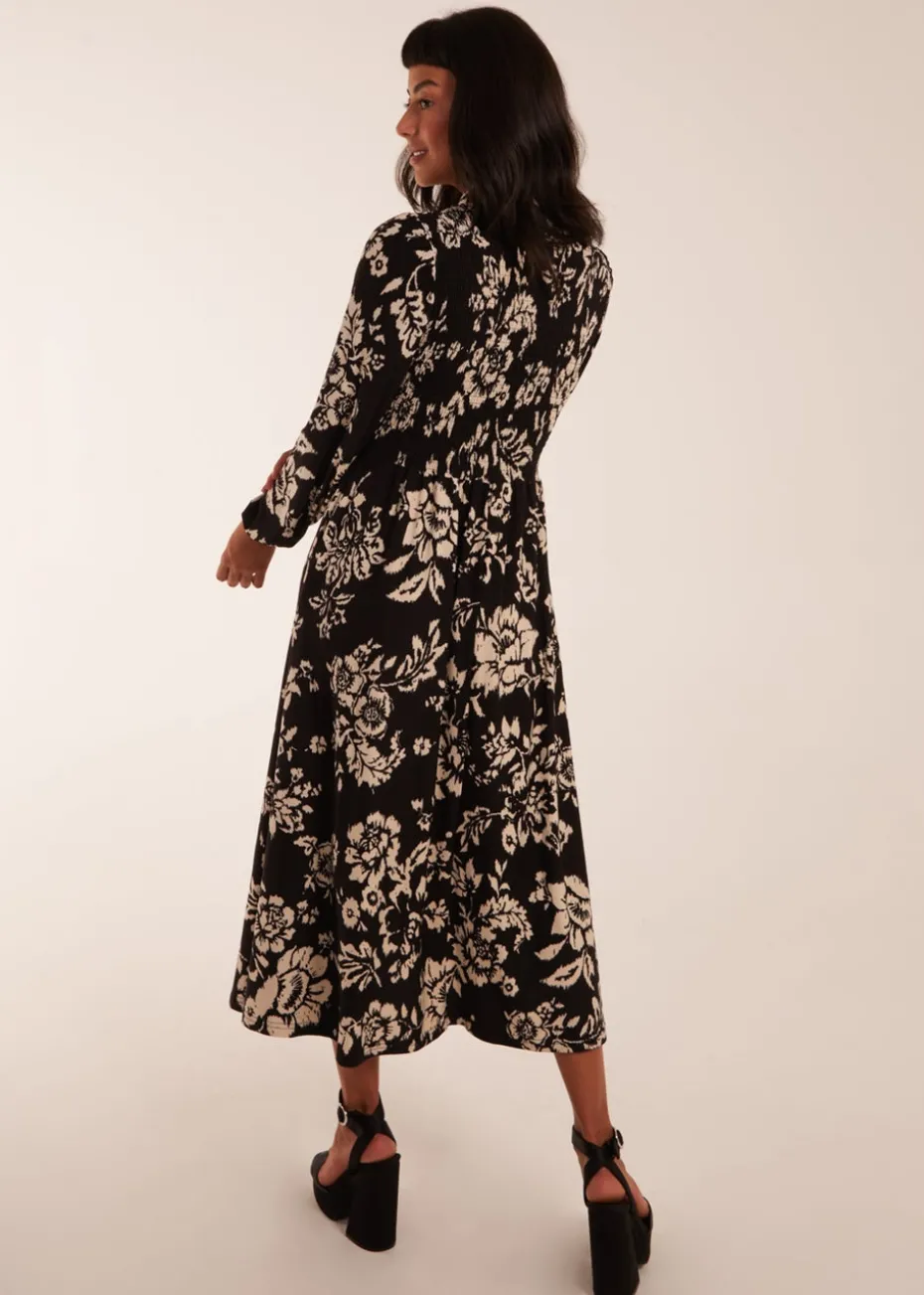 Blue Vanilla Black Shirred Bust Long Sleeve Midi Shirt Dress