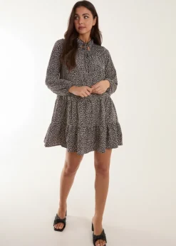 Blue Vanilla Black Shirred Cheetah Smock Dress