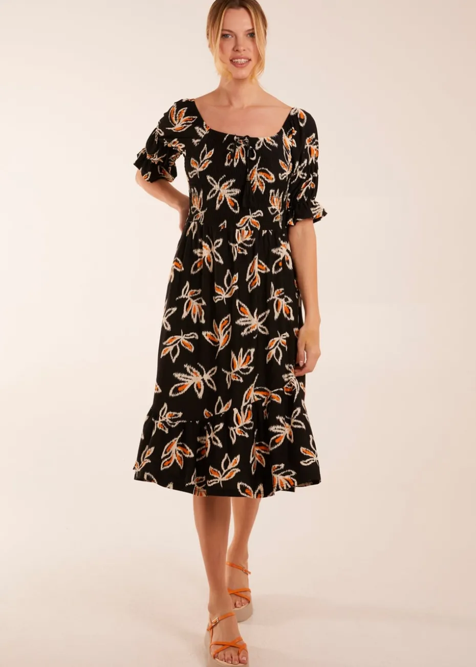Blue Vanilla Black Tiered Puff Sleeve Abstract Print Shirred Midi Dress