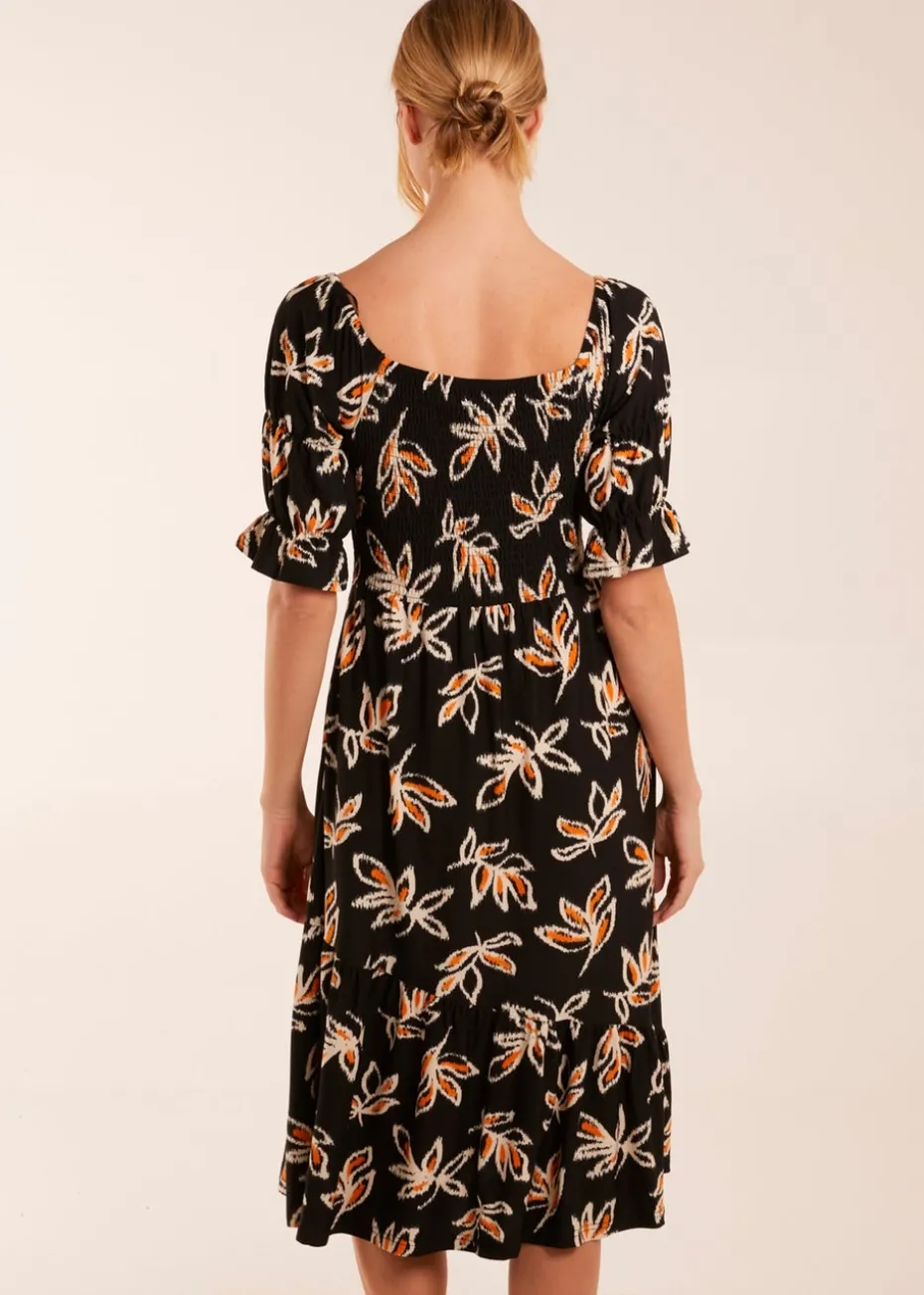 Blue Vanilla Black Tiered Puff Sleeve Abstract Print Shirred Midi Dress
