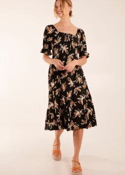 Blue Vanilla Black Tiered Puff Sleeve Abstract Print Shirred Midi Dress