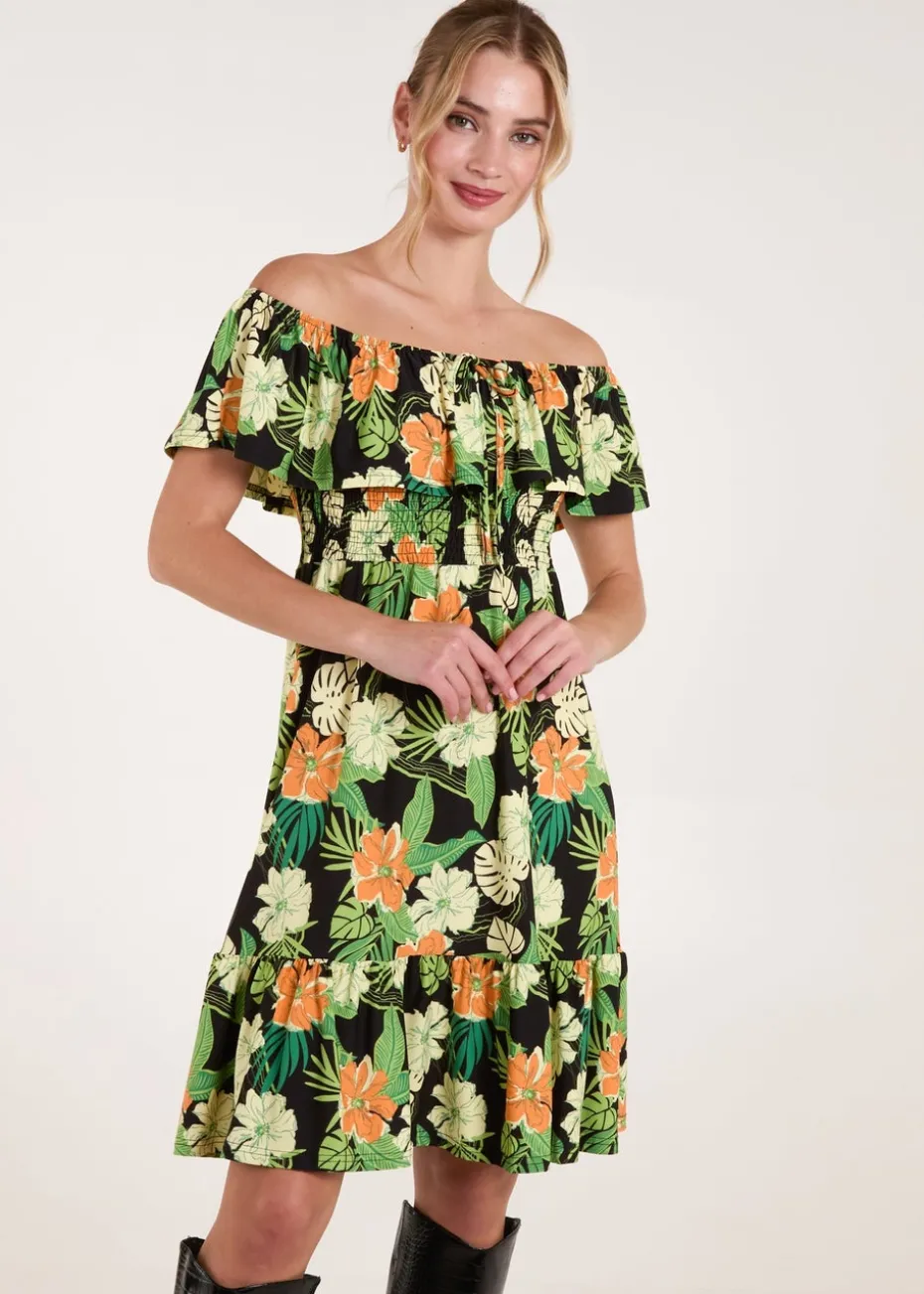 Blue Vanilla Black Tropical Shirred Waist Bardot Mini Dress
