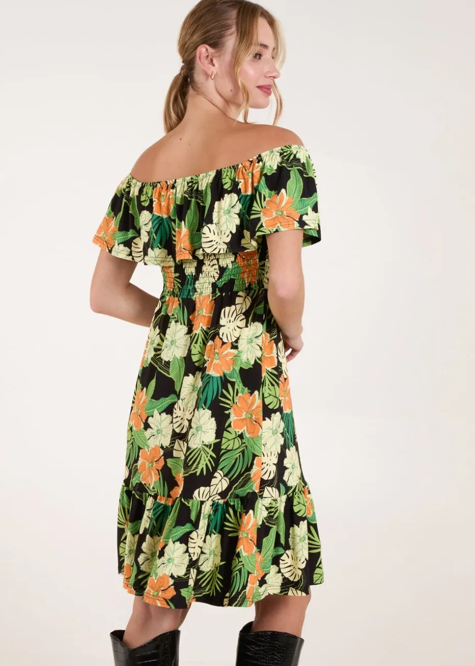 Blue Vanilla Black Tropical Shirred Waist Bardot Mini Dress