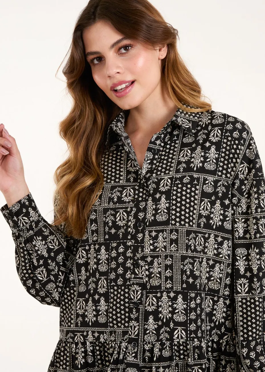 Blue Vanilla Black/White Printed Smock Shirt Dress