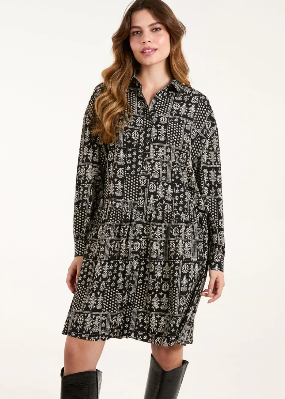 Blue Vanilla Black/White Printed Smock Shirt Dress