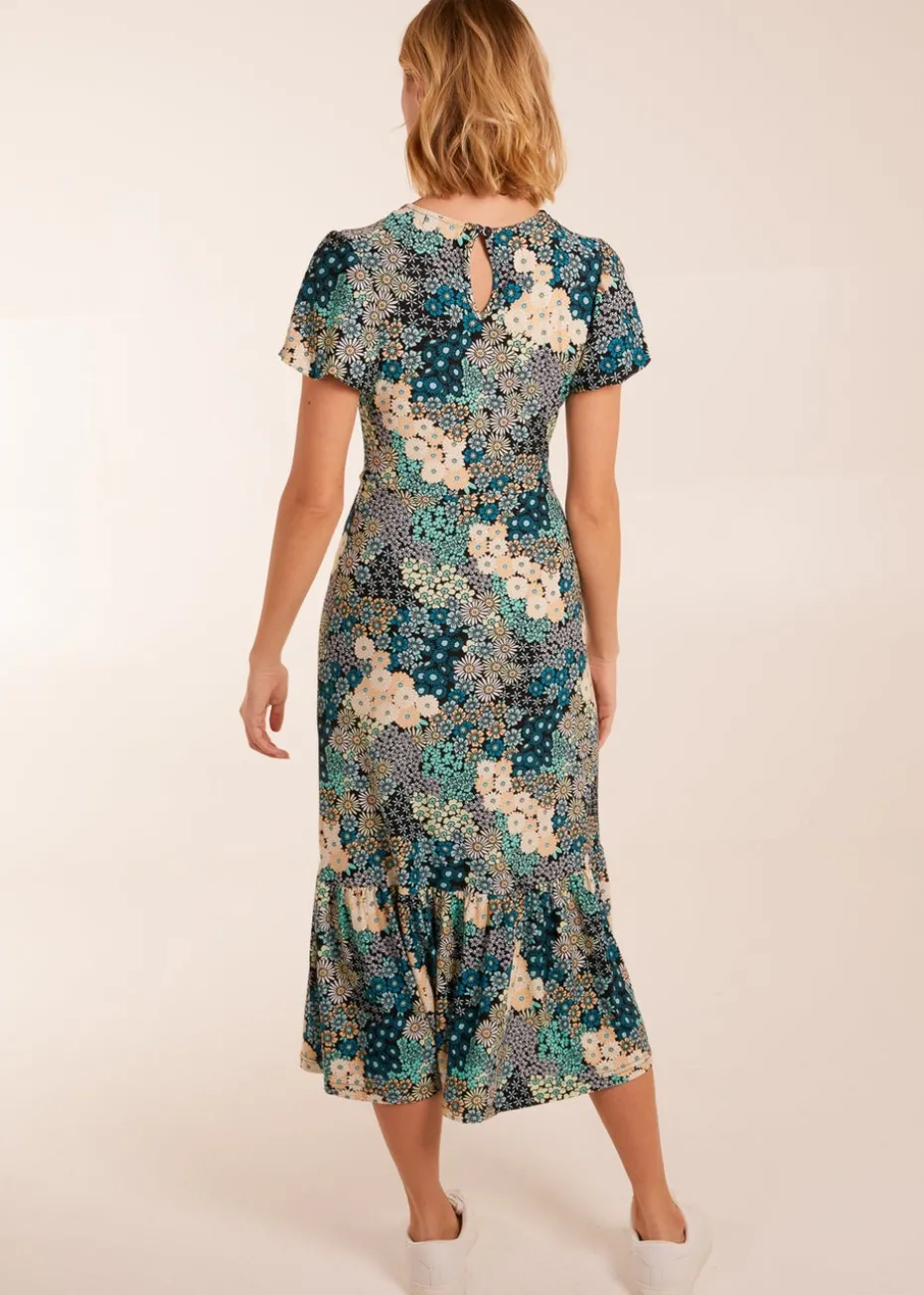 Blue Vanilla Blue Crew Neck Knot Front Floral Midi Dress