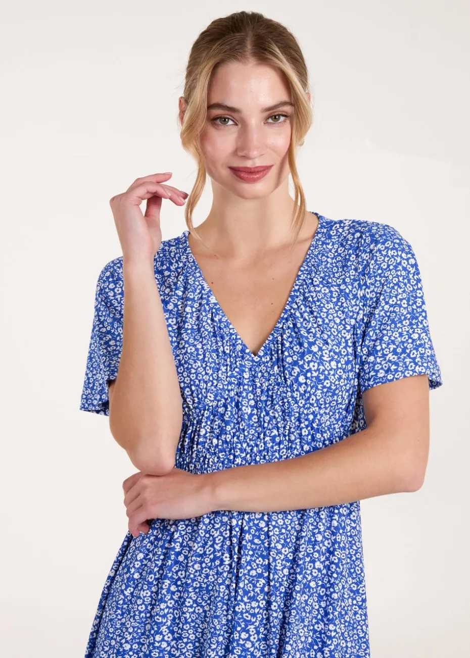 Blue Vanilla Blue Ditsy Printed Angel Sleeve Elasticated V Neck Dress