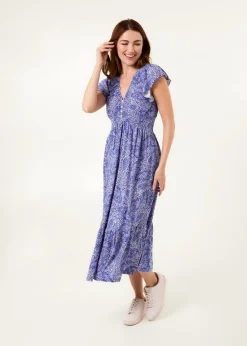 Blue Vanilla Blue Frill Sleeve V Neck Button Front Midi Dress