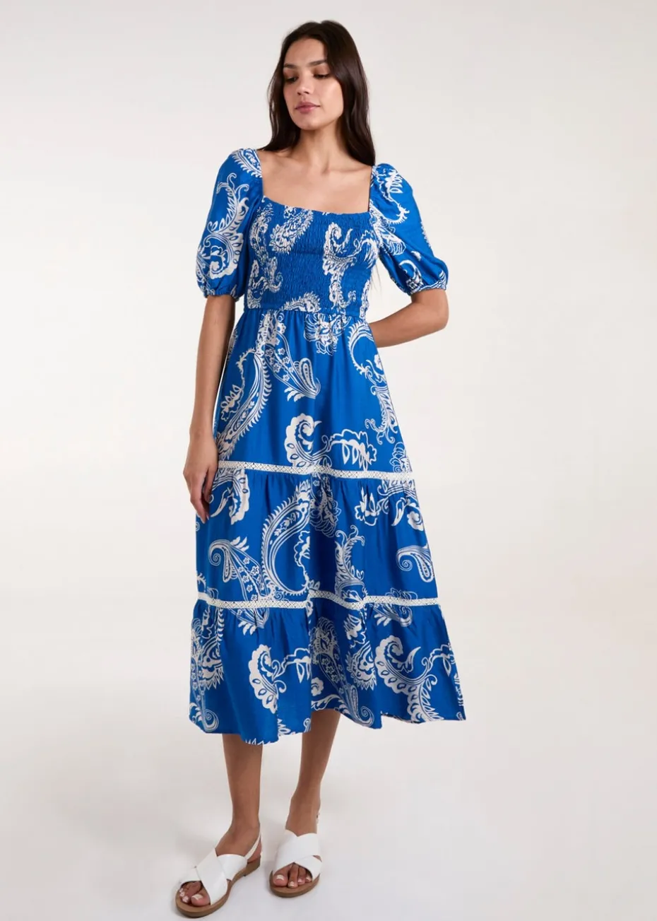 Blue Vanilla Blue Square Neck Puff Sleeve Shirred Waist Midi Dress