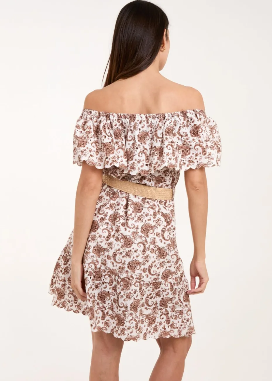 Blue Vanilla Brown Bardot Broderie Mini Belted Dress