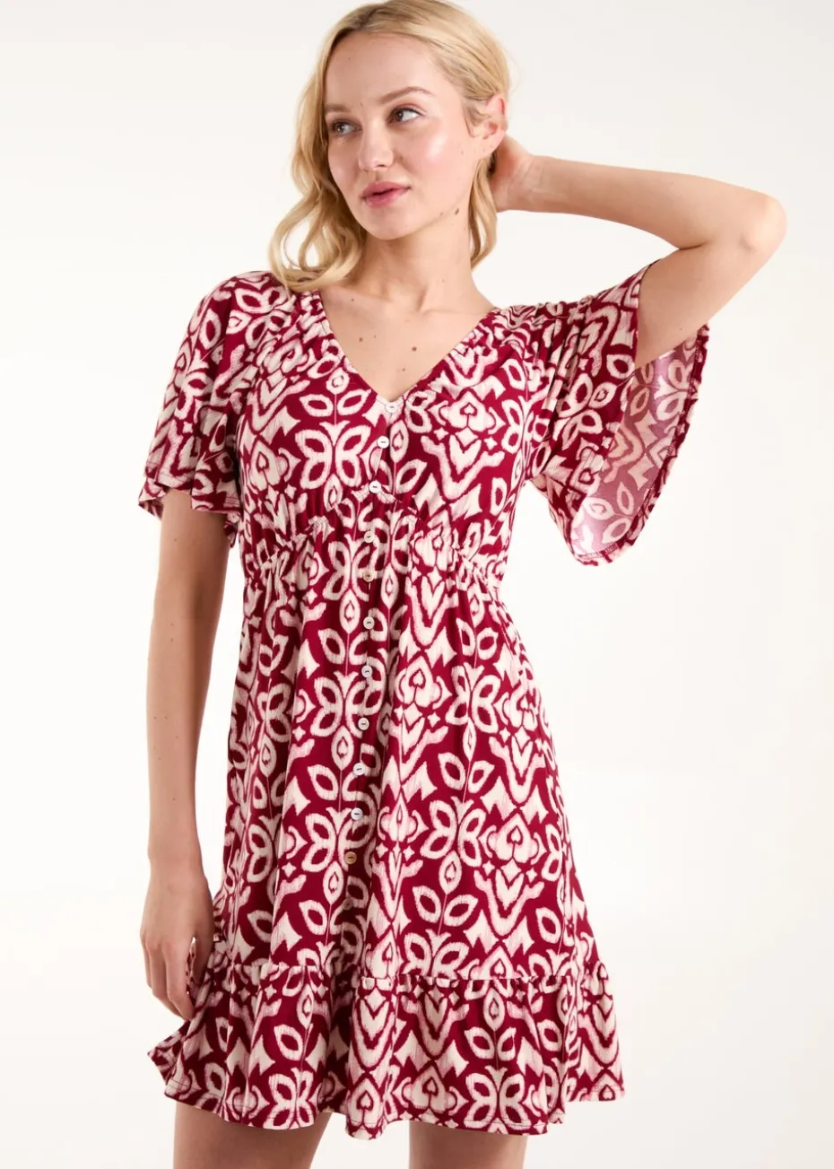 Blue Vanilla Burgundy Button Through Elastic Waist Mini Dress