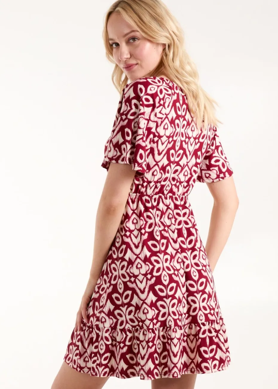 Blue Vanilla Burgundy Button Through Elastic Waist Mini Dress
