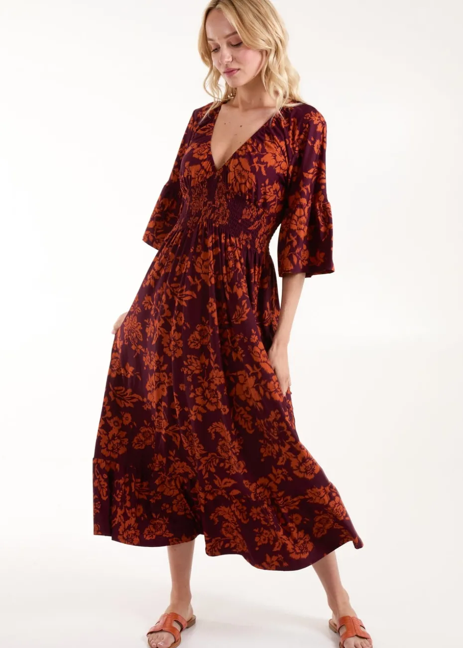 Blue Vanilla Burgundy Elasticated Neck Shirred Waist Midi Dress