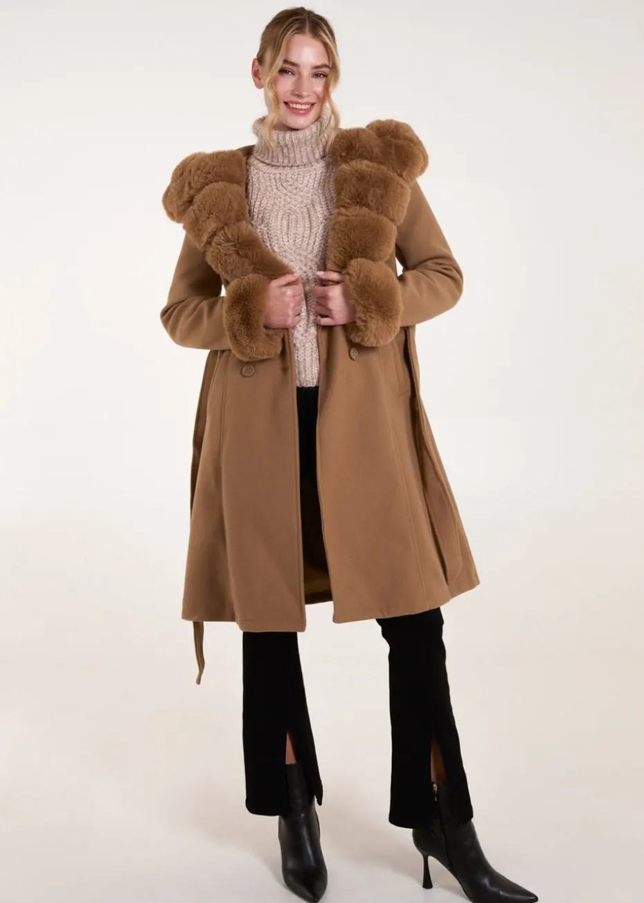 Blue Vanilla Camel Faux Fur Trim Double Breasted Coat