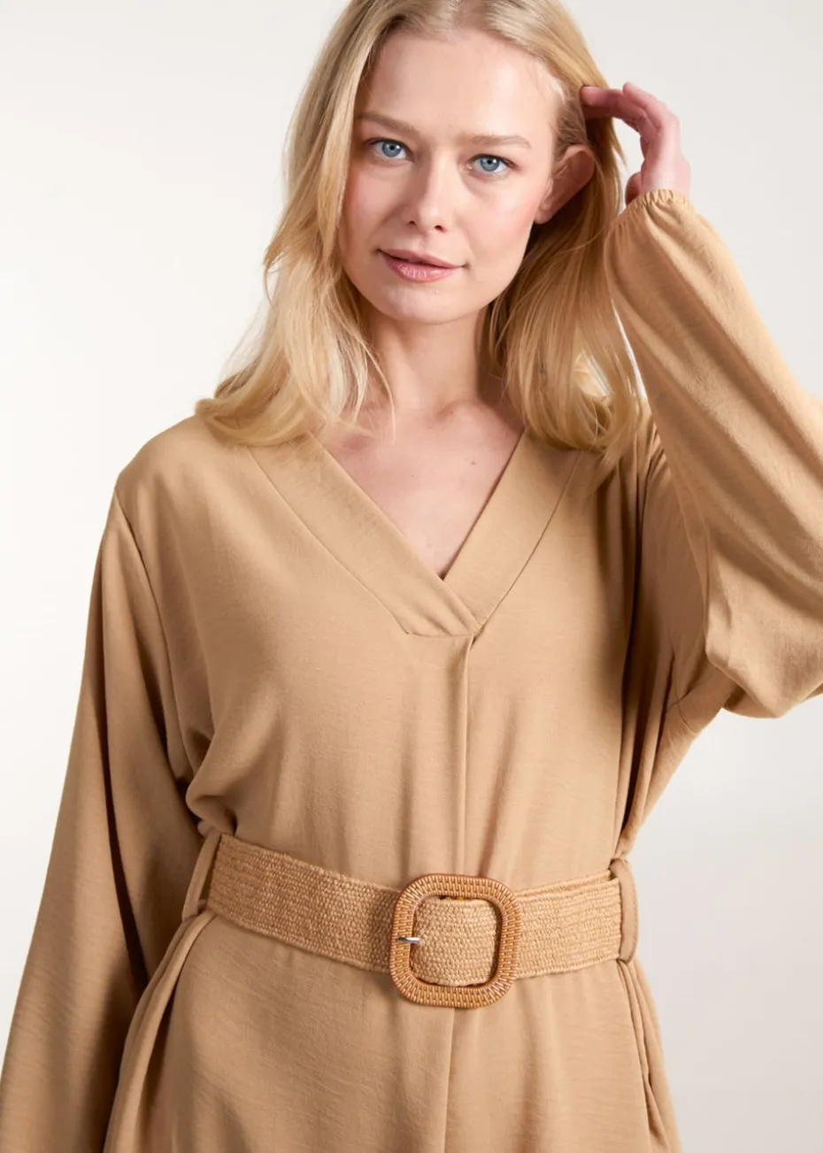 Blue Vanilla Camel V Neck Long Sleeve Dress With Belt