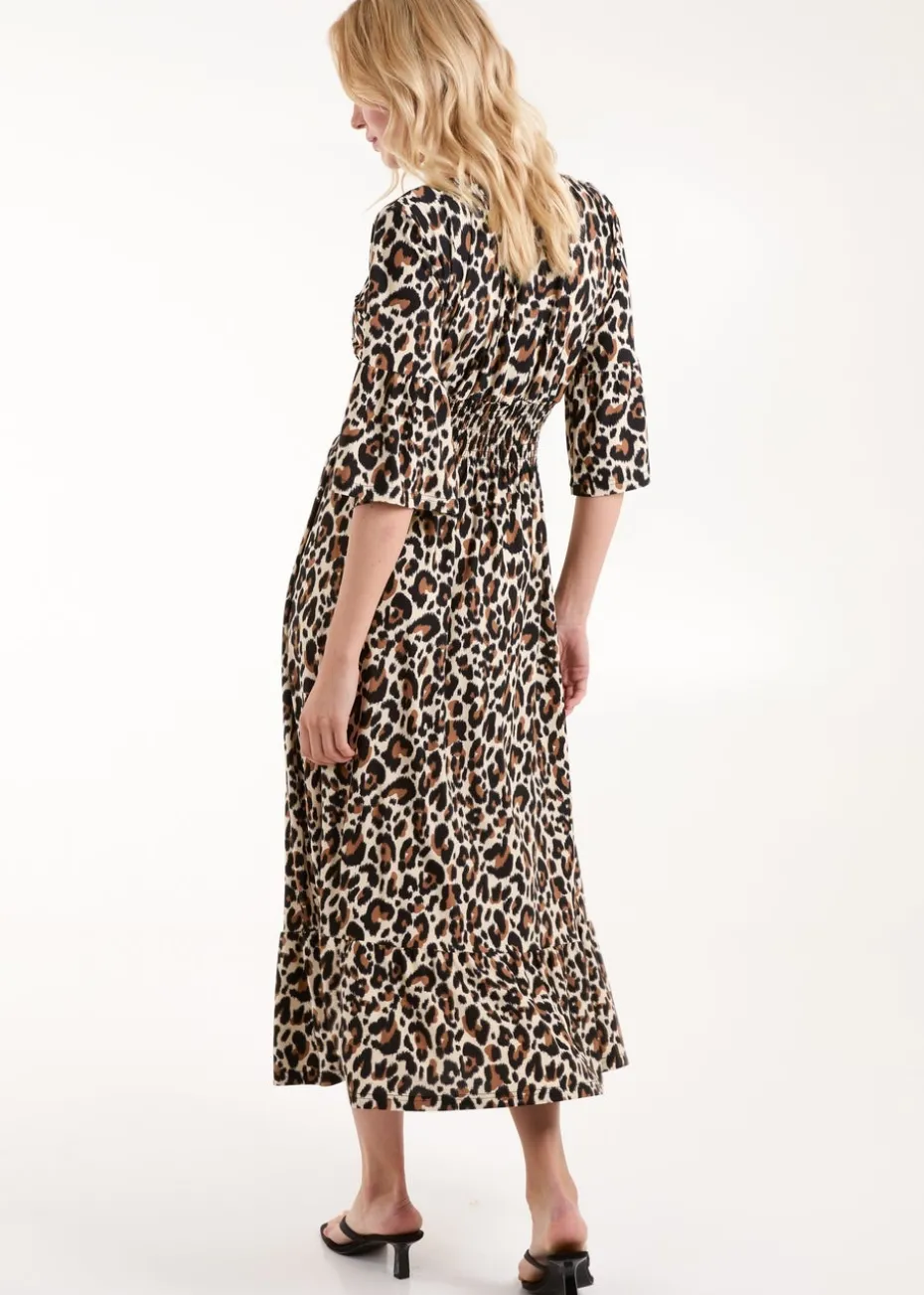 Blue Vanilla Cream Leopard Print Elasticated Neck Shirred Waist Midi Dress