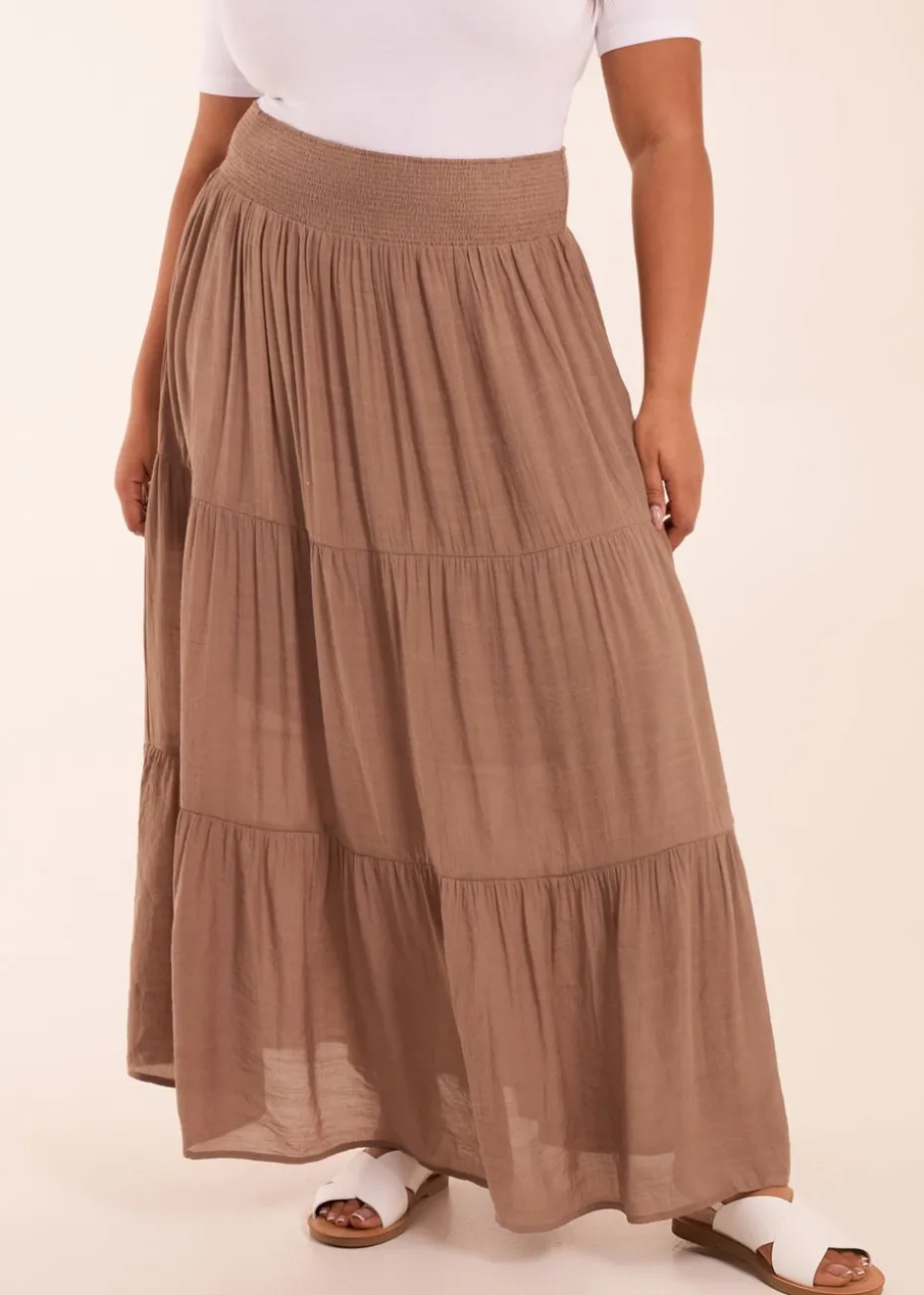 Blue Vanilla Curve Brown Tiered Shirred Maxi Skirt