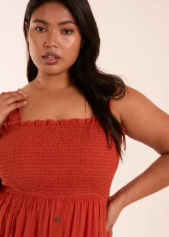 Blue Vanilla Curve Orange Shirred Bust Button Down Midi Dress