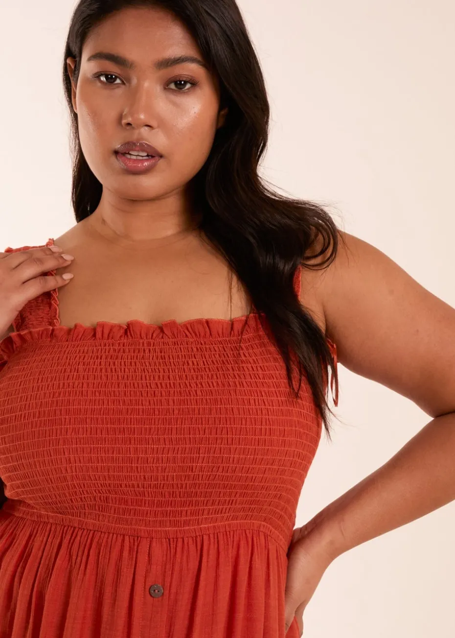 Blue Vanilla Curve Orange Shirred Bust Button Down Midi Dress