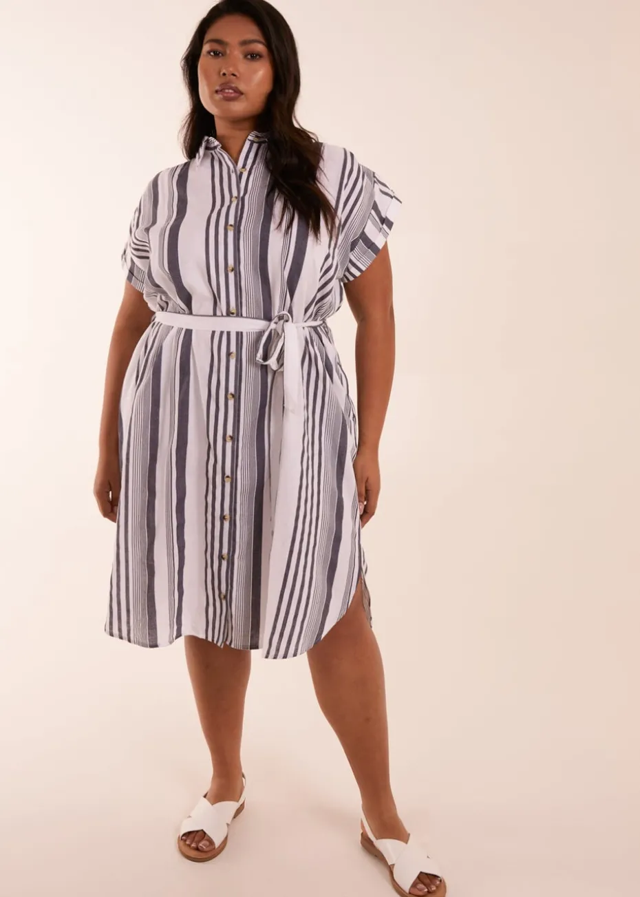 Blue Vanilla Curve White Stripe Button Front Shirt Dress